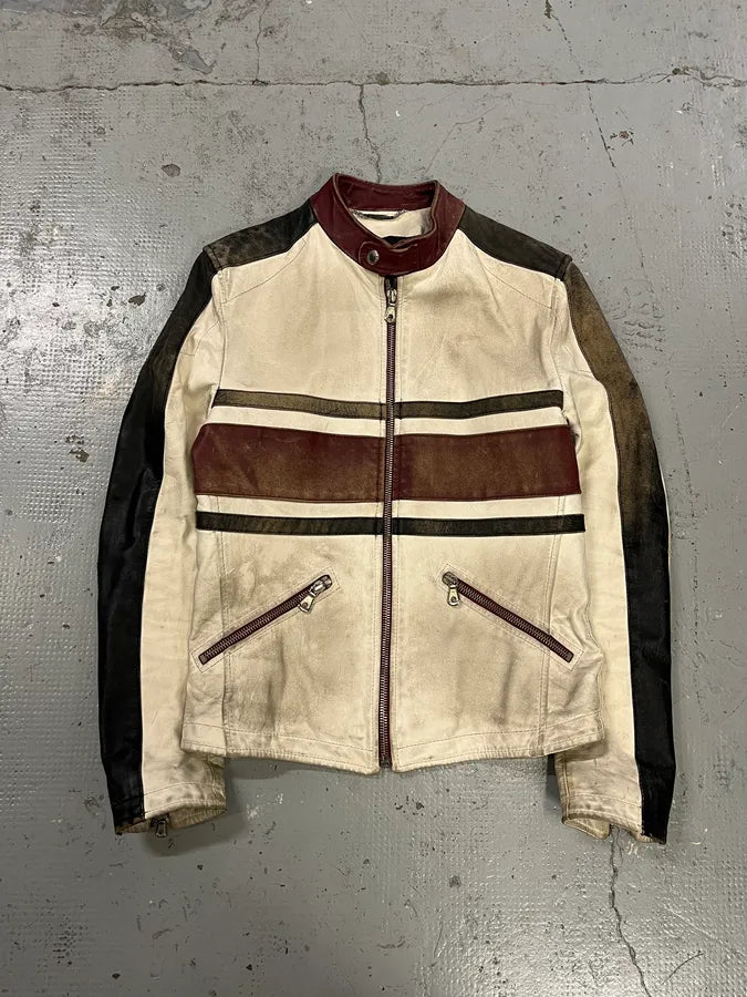 2000s Dolce & Gabbana Striped Eroded Cream Leather Moto Jacket  BXNtvMQ 0