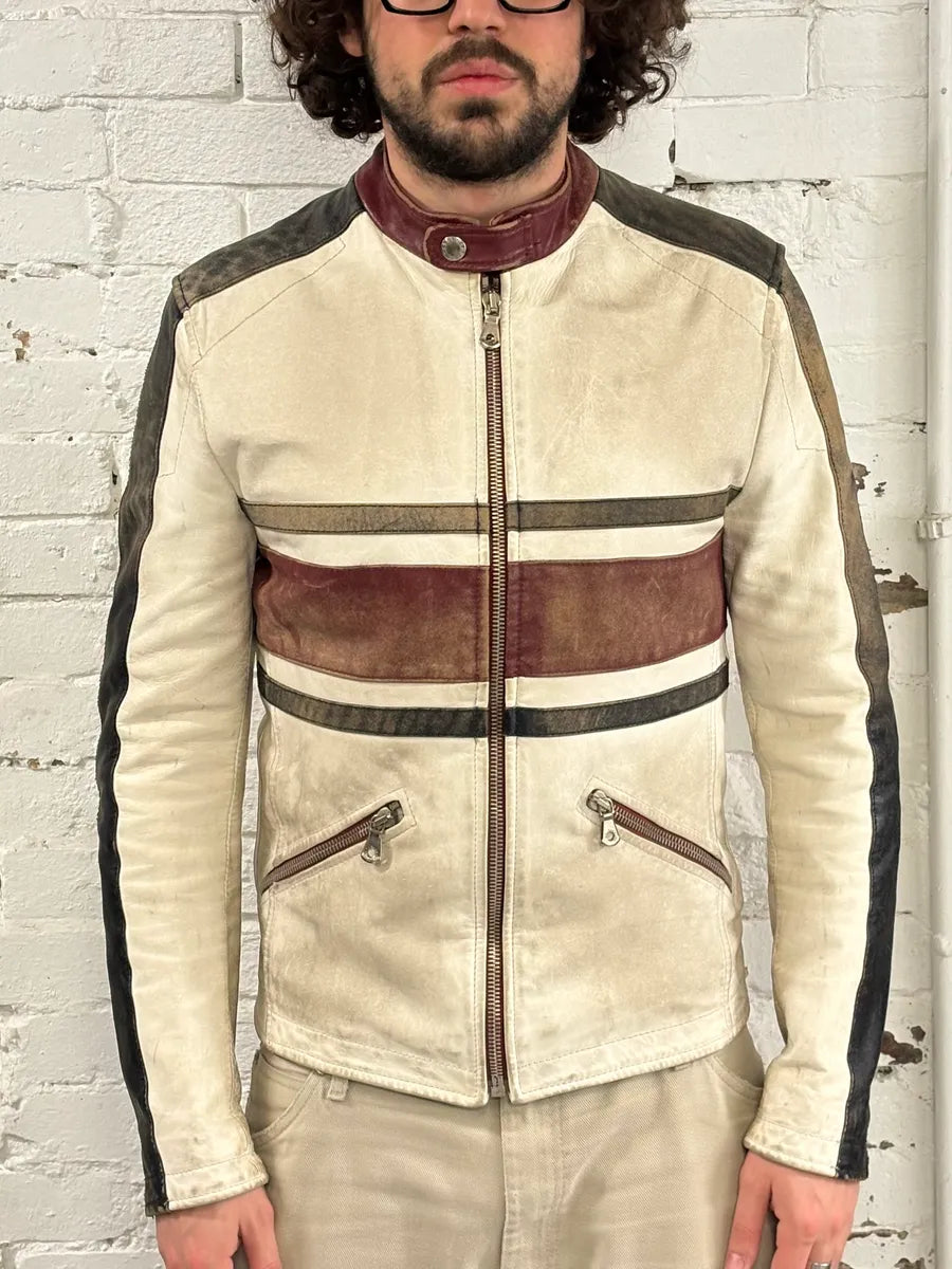 2000s Dolce & Gabbana Striped Eroded Cream Leather Moto Jacket  BXNtvMQ 1