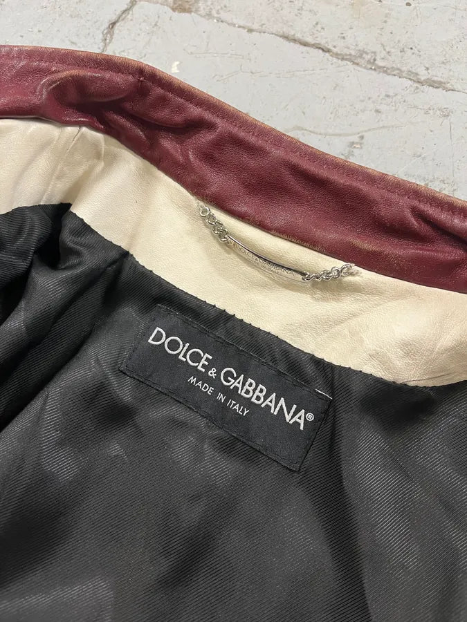 2000s Dolce & Gabbana Striped Eroded Cream Leather Moto Jacket  BXNtvMQ 10