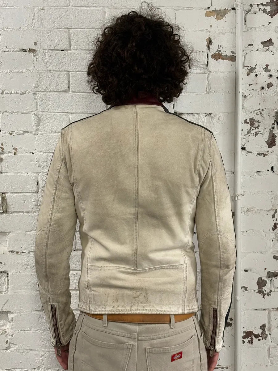 2000s Dolce & Gabbana Striped Eroded Cream Leather Moto Jacket  BXNtvMQ 2