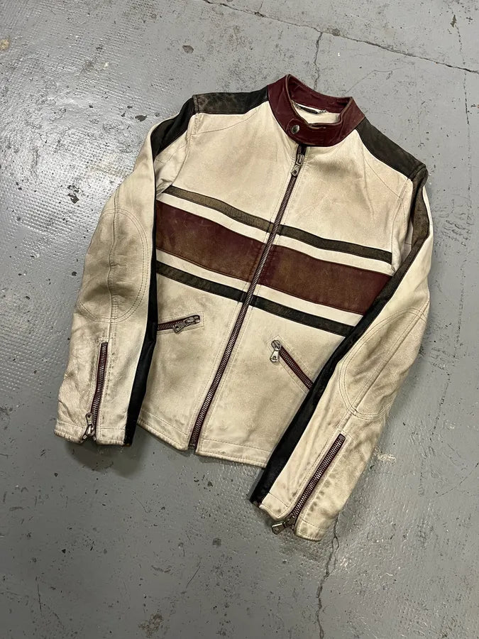 2000s Dolce & Gabbana Striped Eroded Cream Leather Moto Jacket  BXNtvMQ 3