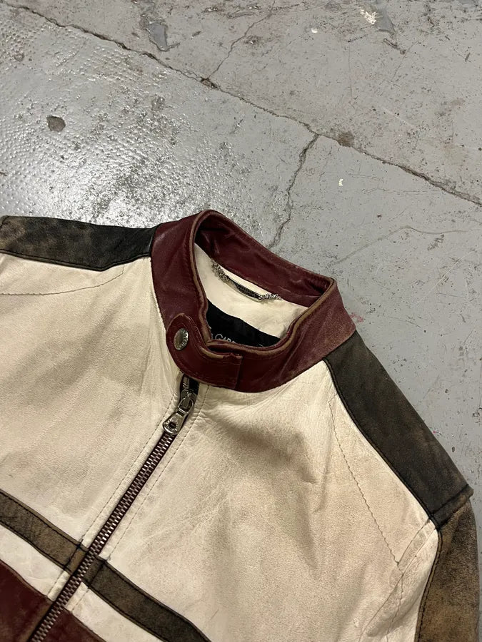 2000s Dolce & Gabbana Striped Eroded Cream Leather Moto Jacket  BXNtvMQ 4