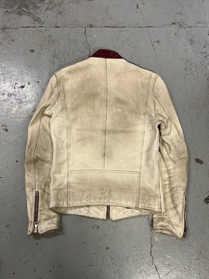 2000s Dolce & Gabbana Striped Eroded Cream Leather Moto Jacket  BXNtvMQ 6