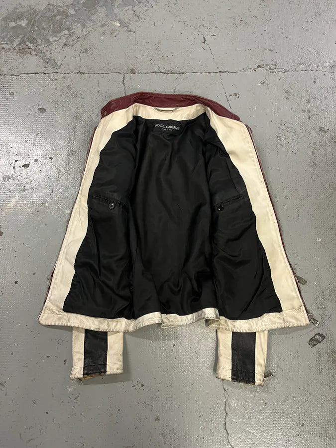 2000s Dolce & Gabbana Striped Eroded Cream Leather Moto Jacket  BXNtvMQ 9