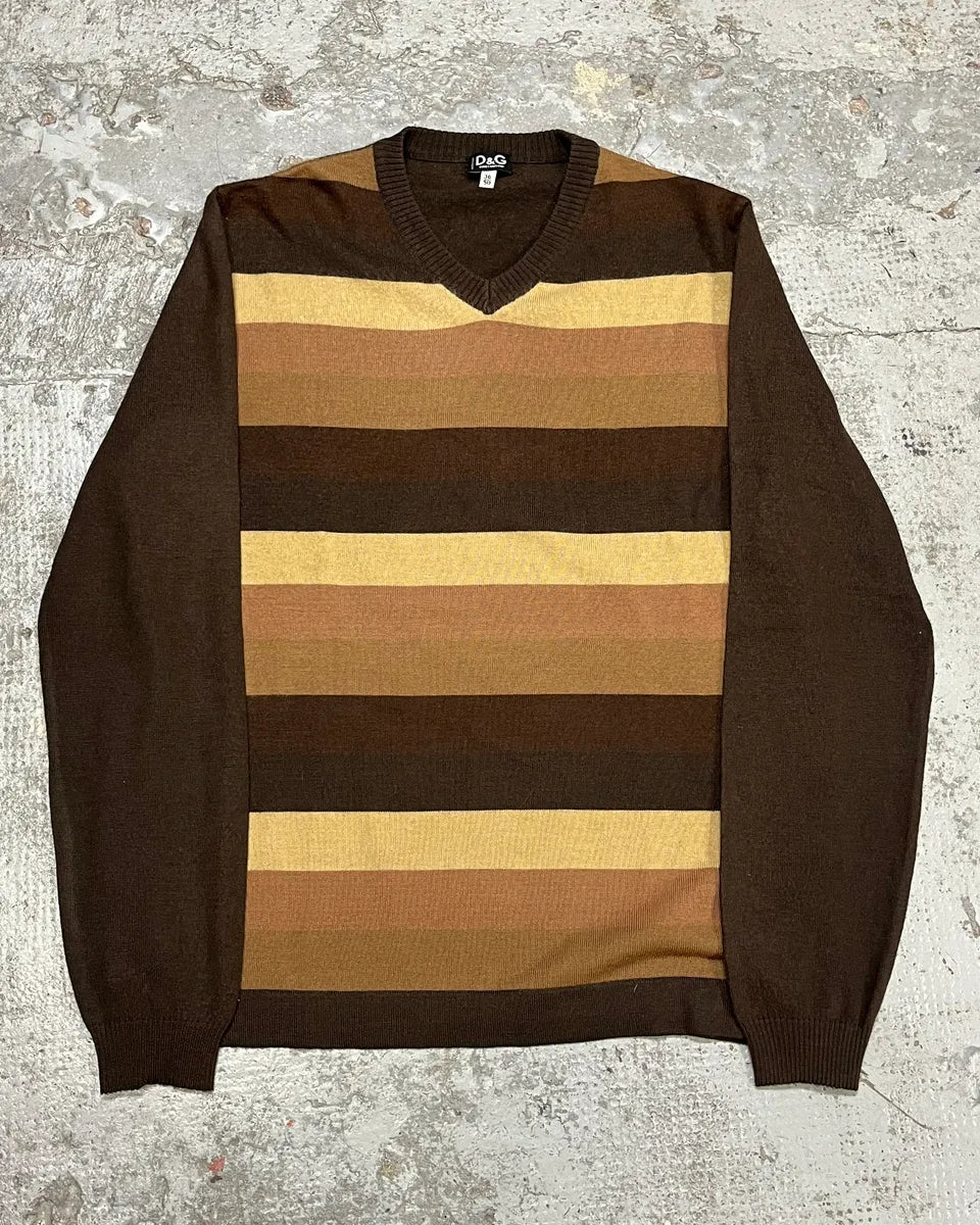 2000s Dolce & Gabbana Stripes V-Neck Brown Sweater RcsCGVK 0
