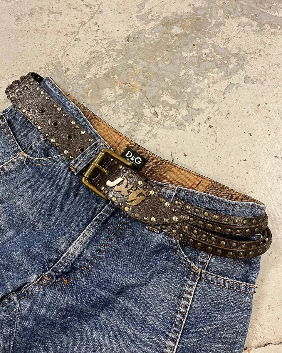 2000s Dolce & Gabbana Studded Brown Leather Belt rORMWRo 0