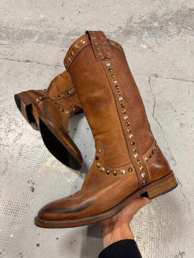 2000s Dolce & Gabbana Studded Brown Leather Boots CXPcnQy 0