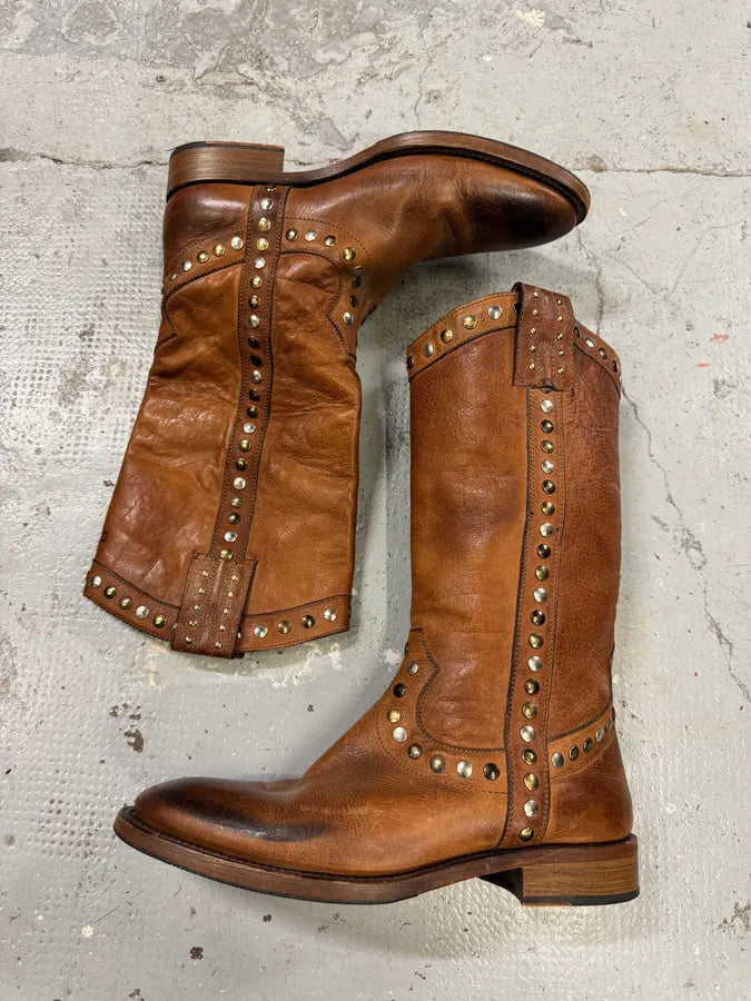 2000s Dolce & Gabbana Studded Brown Leather Boots CXPcnQy 1