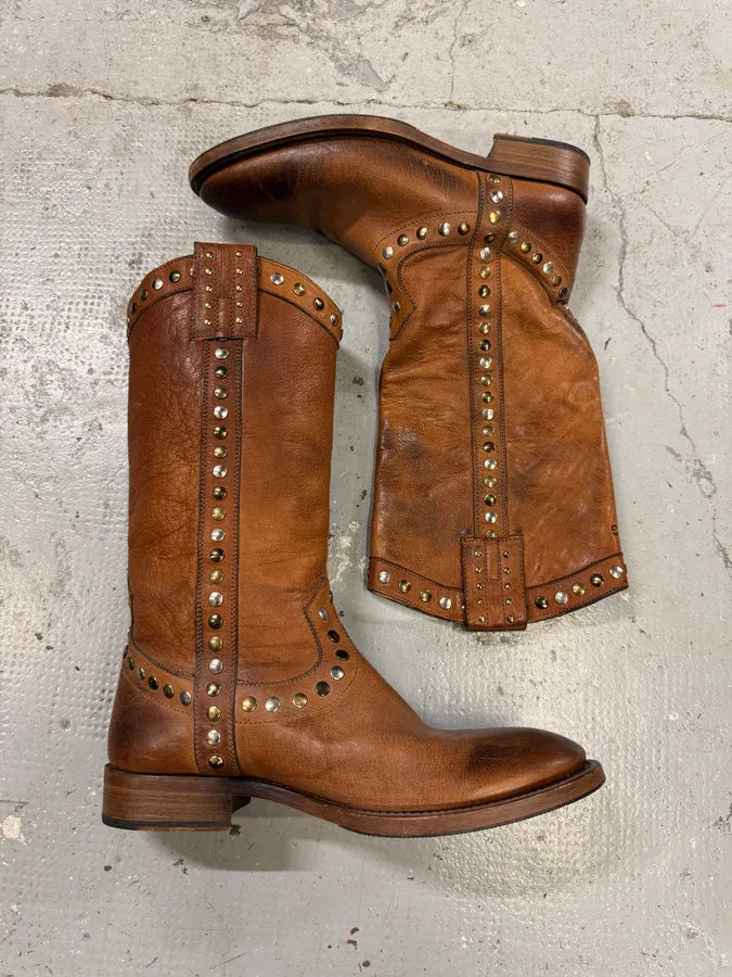 2000s Dolce & Gabbana Studded Brown Leather Boots CXPcnQy 2