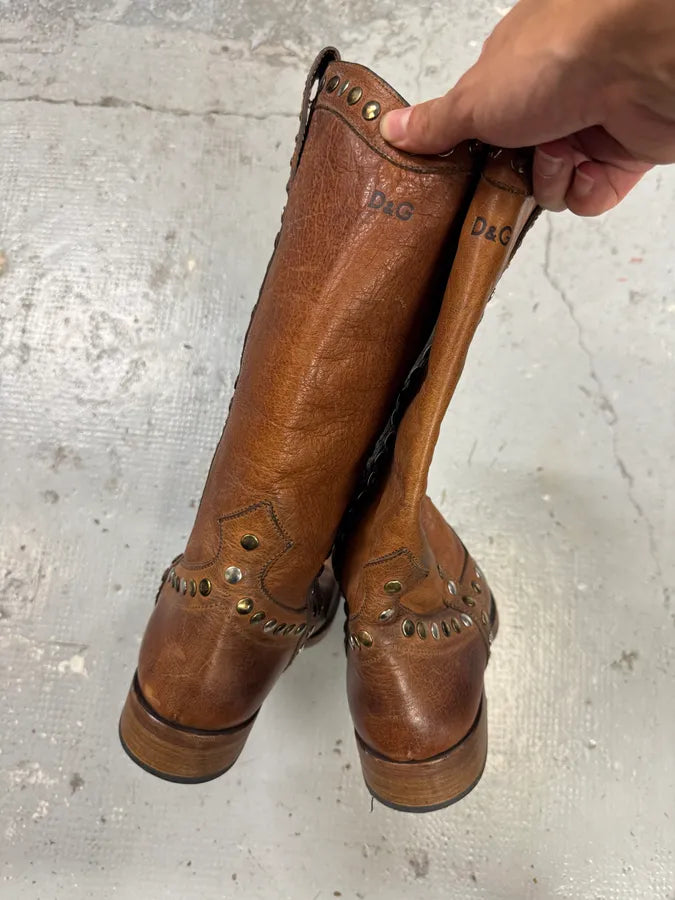 2000s Dolce & Gabbana Studded Brown Leather Boots CXPcnQy 5