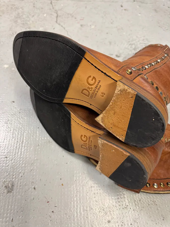 2000s Dolce & Gabbana Studded Brown Leather Boots CXPcnQy 6