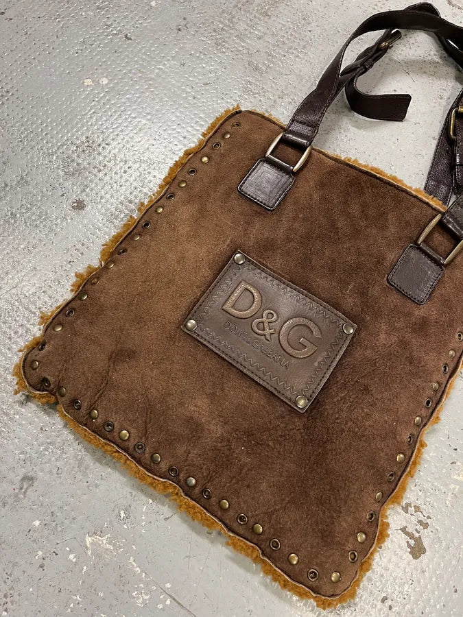 2000s Dolce & Gabbana Studded Brown Shearling Leather Handle Bag hOzVgDL 2