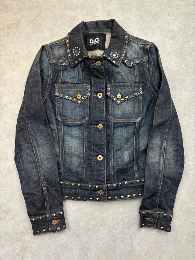 2000s Dolce & Gabbana Studded Embellished Faded Blue Denim Jacket UlpmHst 0