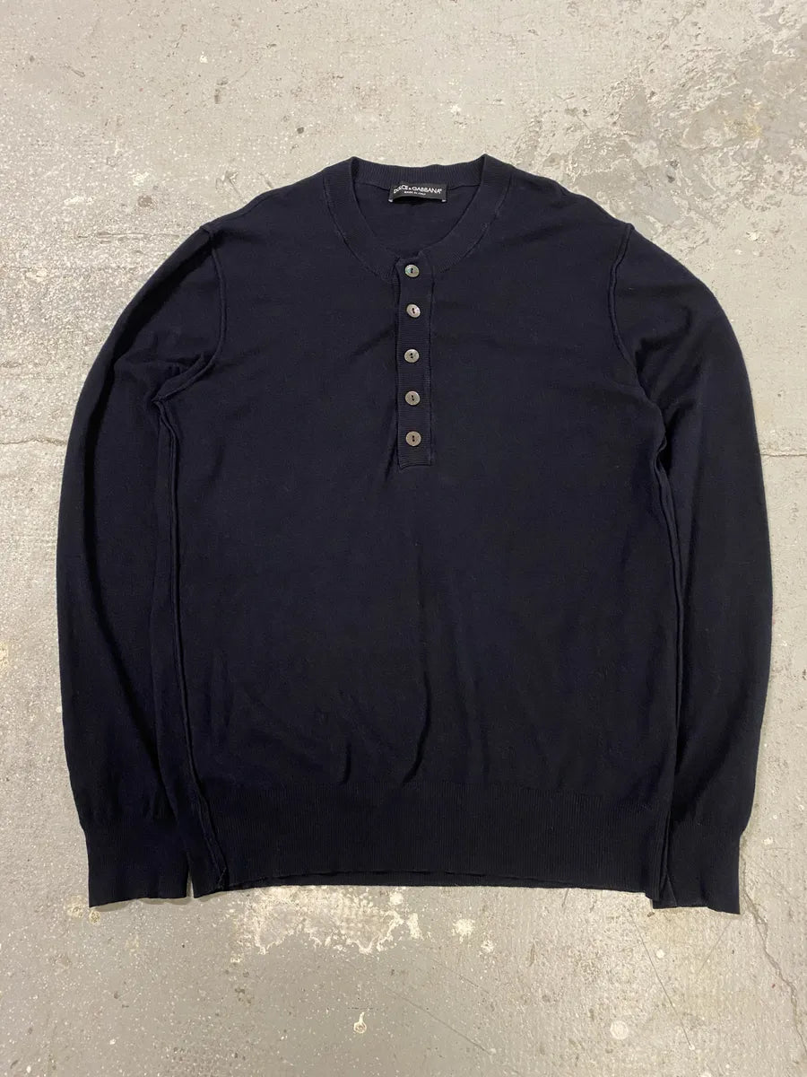 2000s Dolce & Gabbana Navy Buttoned Mao Sweater (L) 0