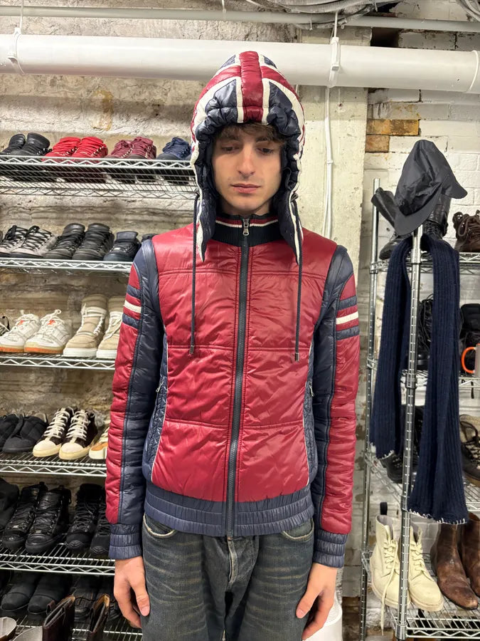 2000s Dolce & Gabbana UK Flag Hooded Red & Navy Puffer Vest Jacket JbSDrcP 1