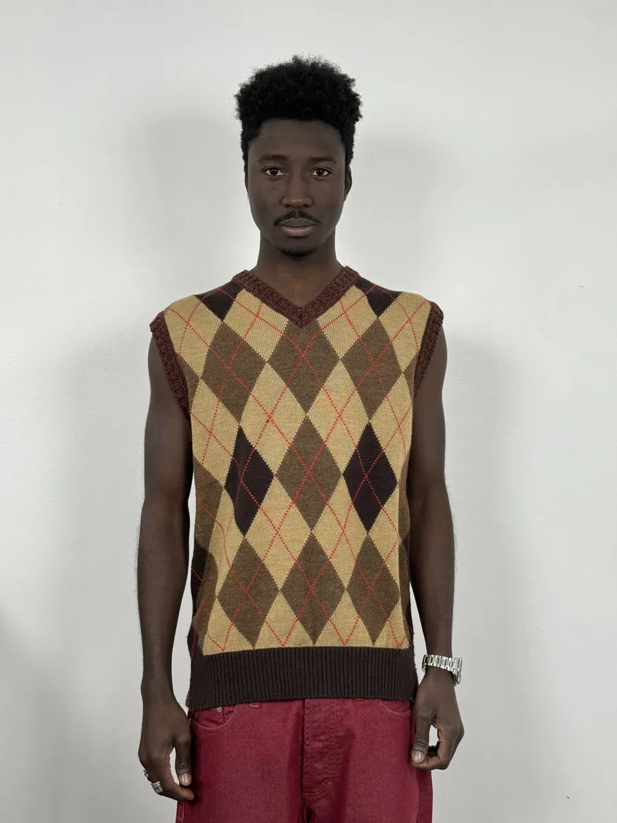 2000s Dolce & Gabbana V Neck Beige & Brown British Sleeveless Sweater iDoGqvz 0