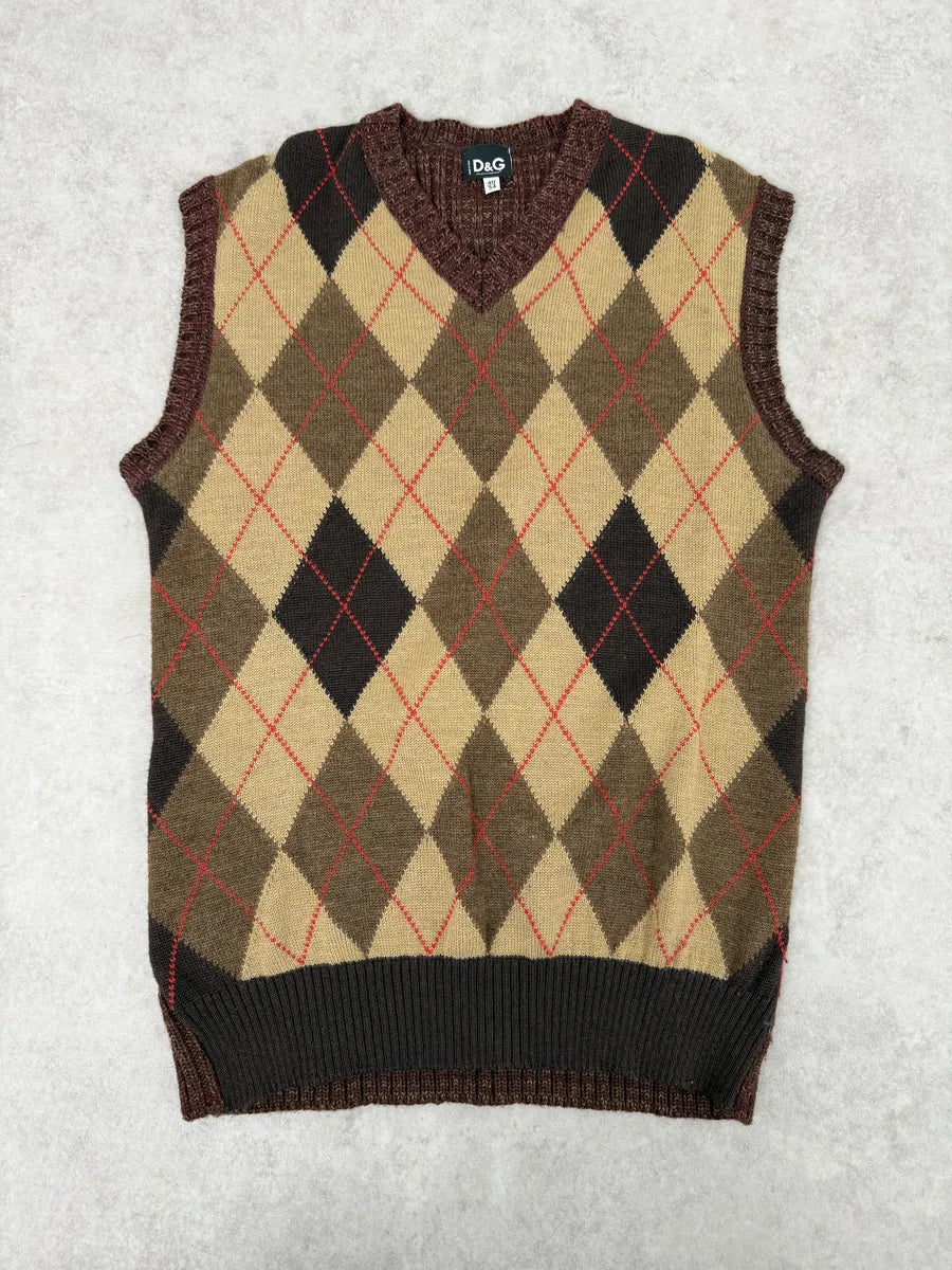 2000s Dolce & Gabbana V Neck Beige & Brown British Sleeveless Sweater iDoGqvz 2