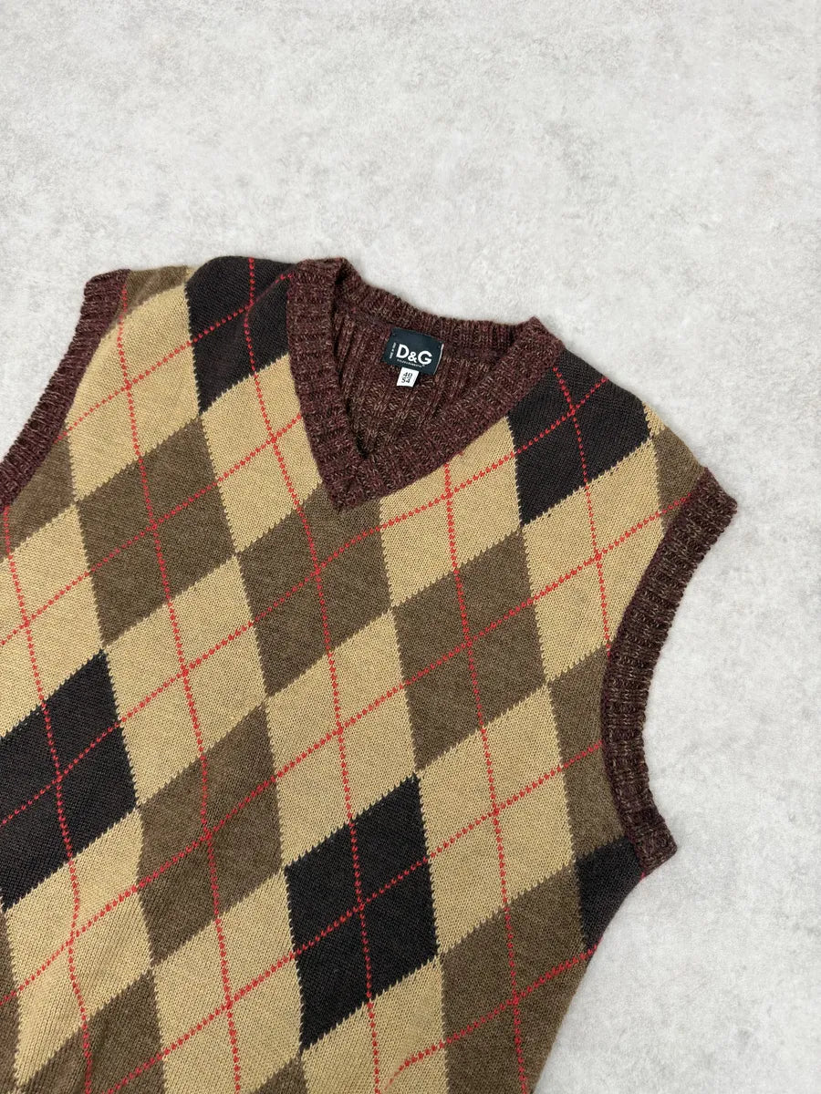 2000s Dolce & Gabbana V Neck Beige & Brown British Sleeveless Sweater iDoGqvz 4