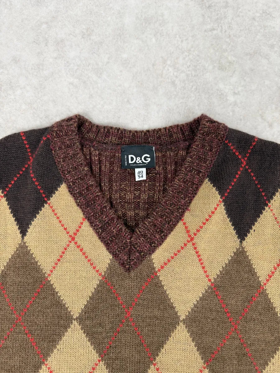 2000s Dolce & Gabbana V Neck Beige & Brown British Sleeveless Sweater iDoGqvz 8