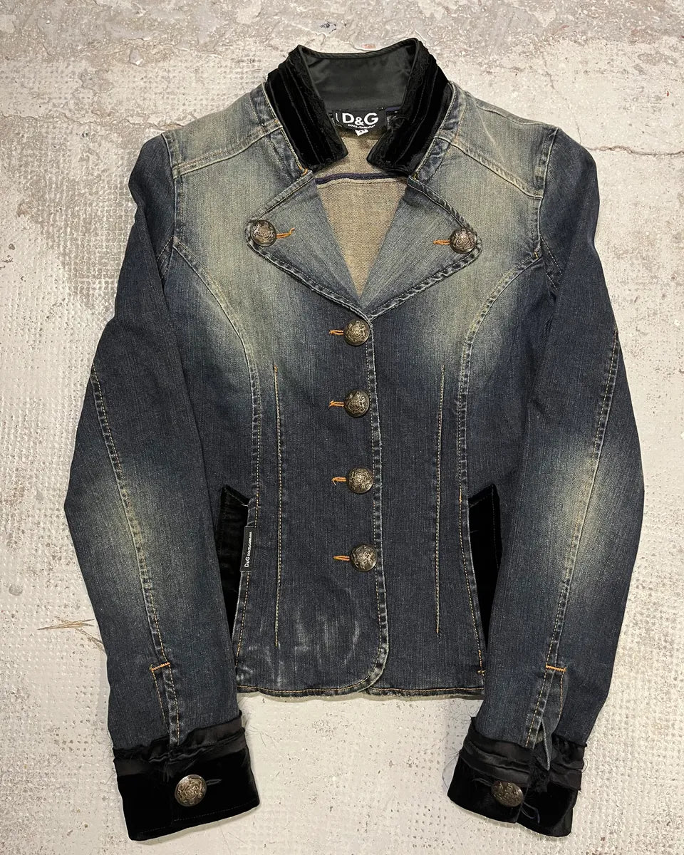 2000s Dolce & Gabbana Velvet Denim Blue Blazer Jacket drdWjbN 0