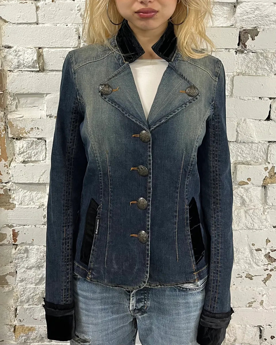 2000s Dolce & Gabbana Velvet Denim Blue Blazer Jacket drdWjbN 1