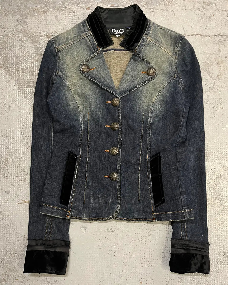 2000s Dolce & Gabbana Velvet Denim Blue Blazer Jacket drdWjbN 3