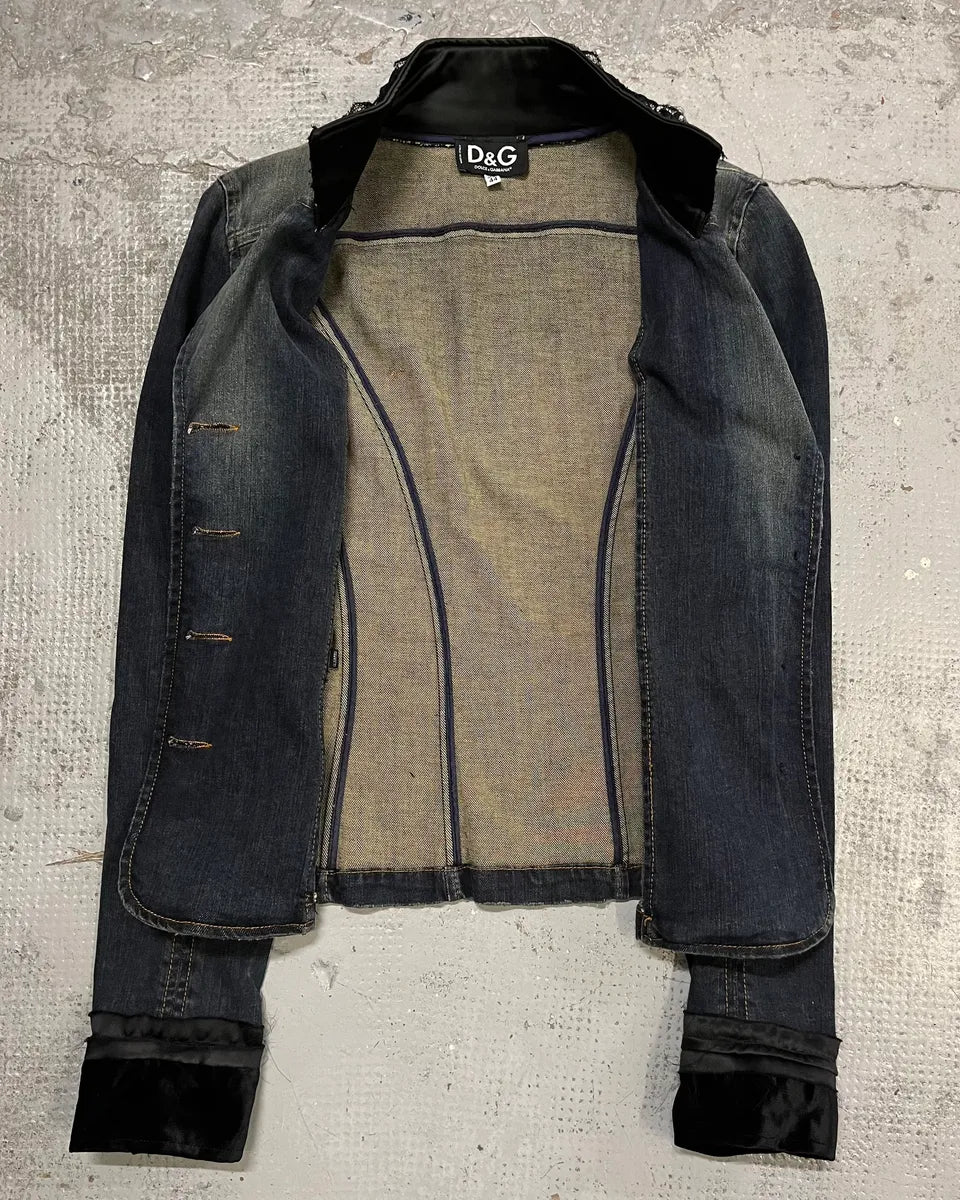 2000s Dolce & Gabbana Velvet Denim Blue Blazer Jacket drdWjbN 7