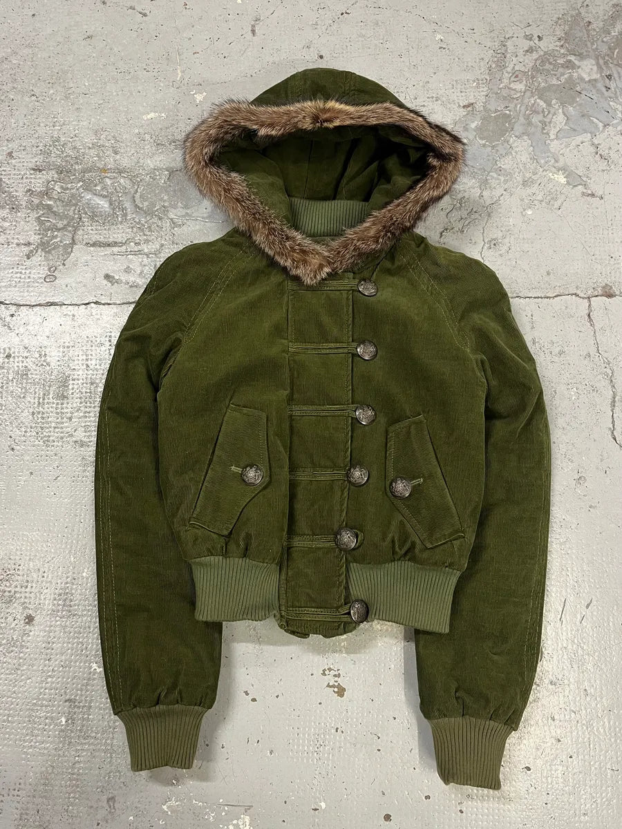 2000s Dolce & Gabbana Velvet Officer Green Buttoned Fur Hooded Jacket YpvjOSu 0