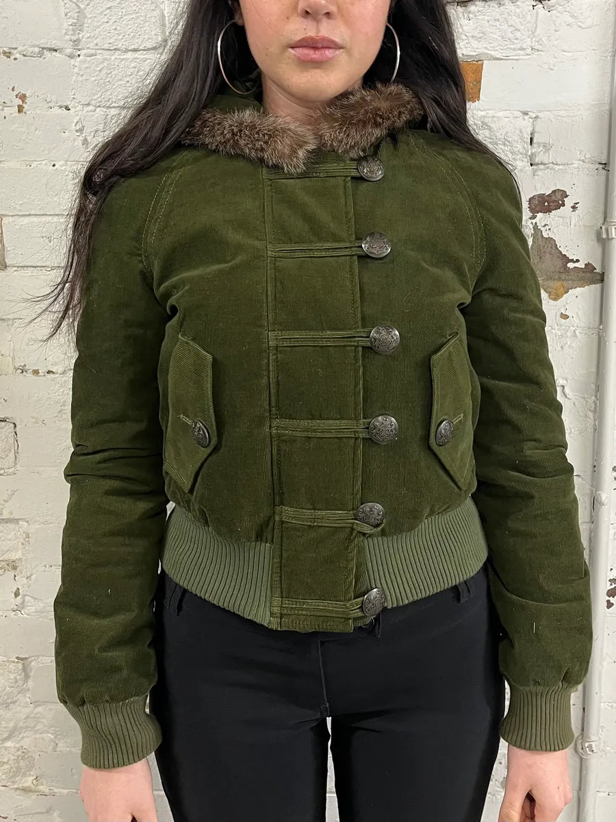 2000s Dolce & Gabbana Velvet Officer Green Buttoned Fur Hooded Jacket YpvjOSu 1