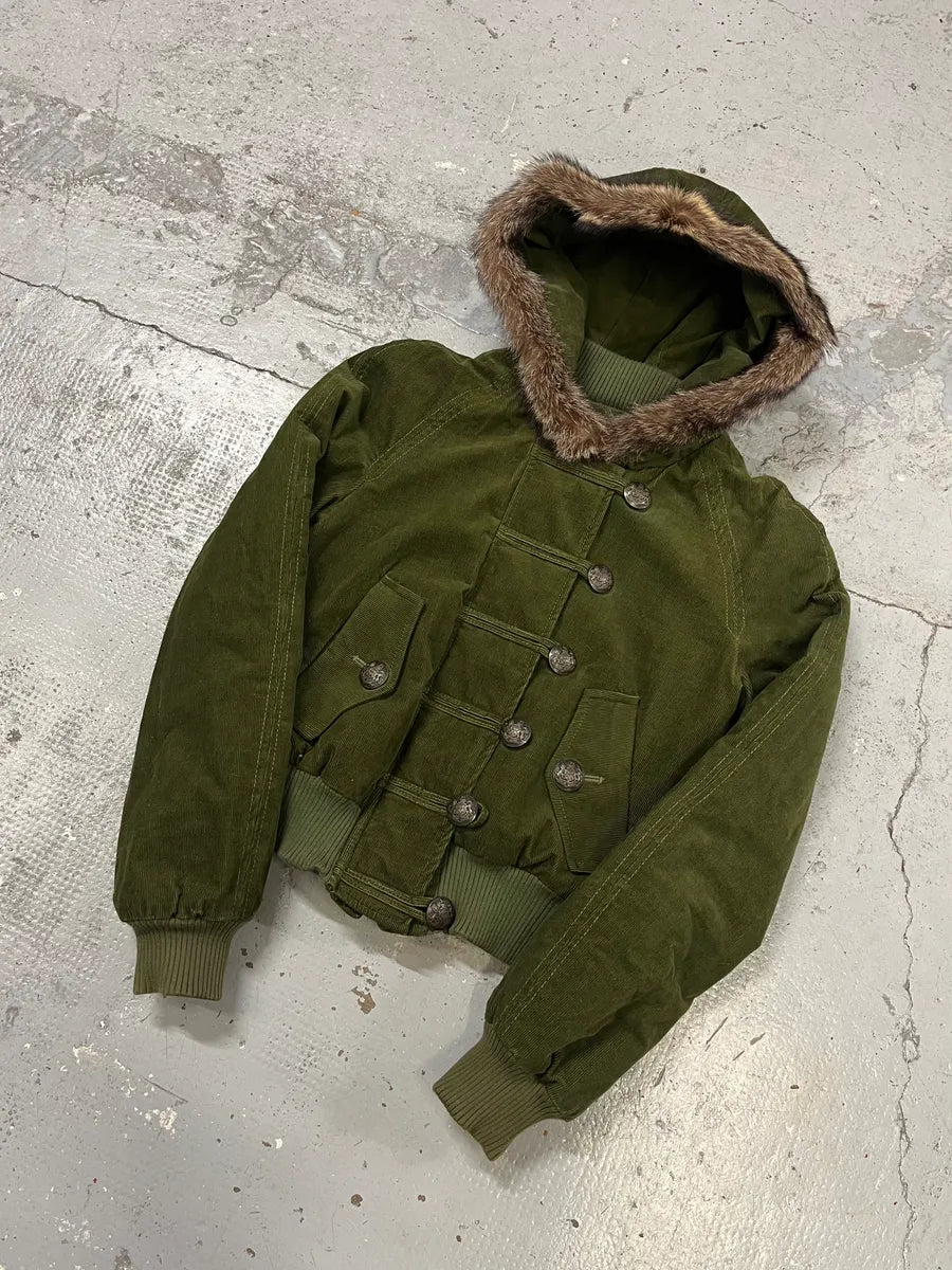 2000s Dolce & Gabbana Velvet Officer Green Buttoned Fur Hooded Jacket YpvjOSu 3