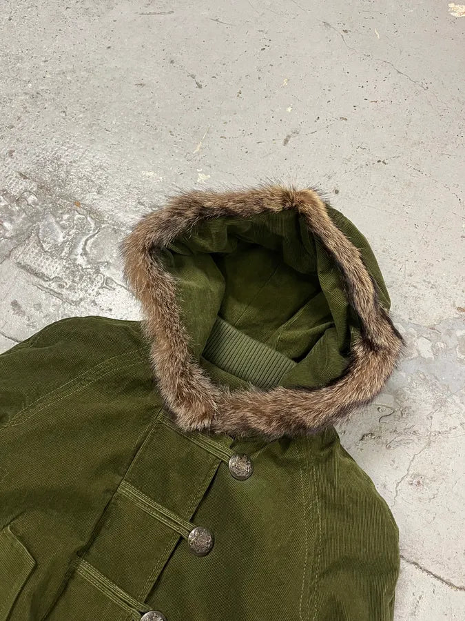 2000s Dolce & Gabbana Velvet Officer Green Buttoned Fur Hooded Jacket YpvjOSu 4