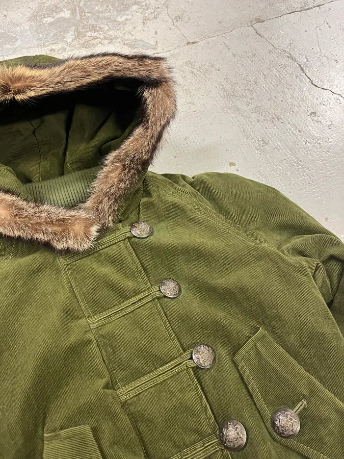 2000s Dolce & Gabbana Velvet Officer Green Buttoned Fur Hooded Jacket YpvjOSu 5