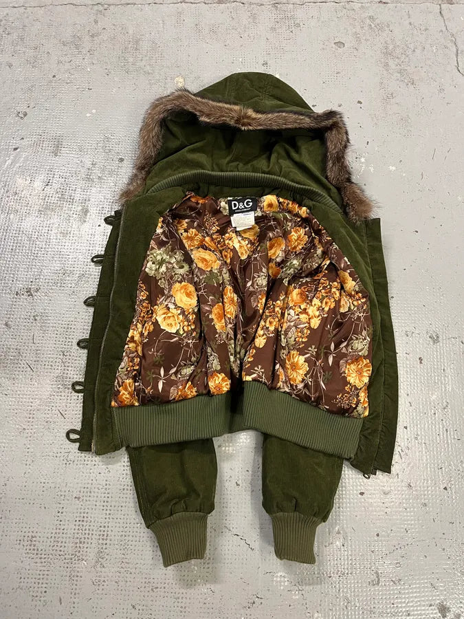 2000s Dolce & Gabbana Velvet Officer Green Buttoned Fur Hooded Jacket YpvjOSu 7