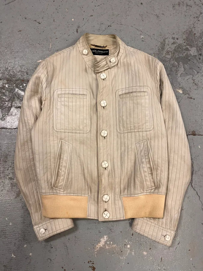 2000s Dolce & Gabbana Vertical Cream White Leather Jacket ahrlvHj 0