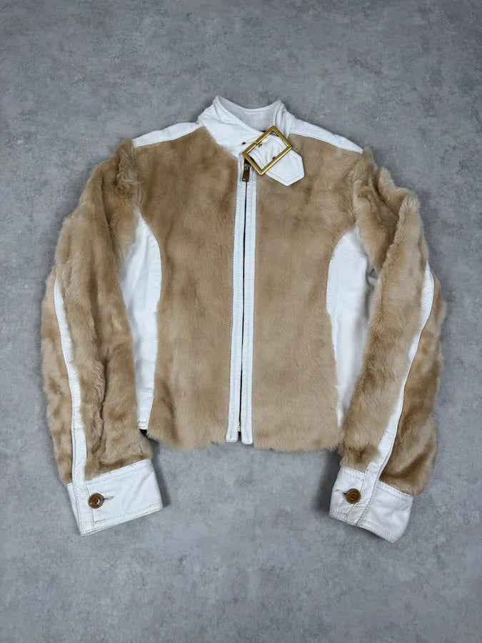 2000s Dolce & Gabbana White & Beige Fur Biker Leather Jacket JvNihRF 0