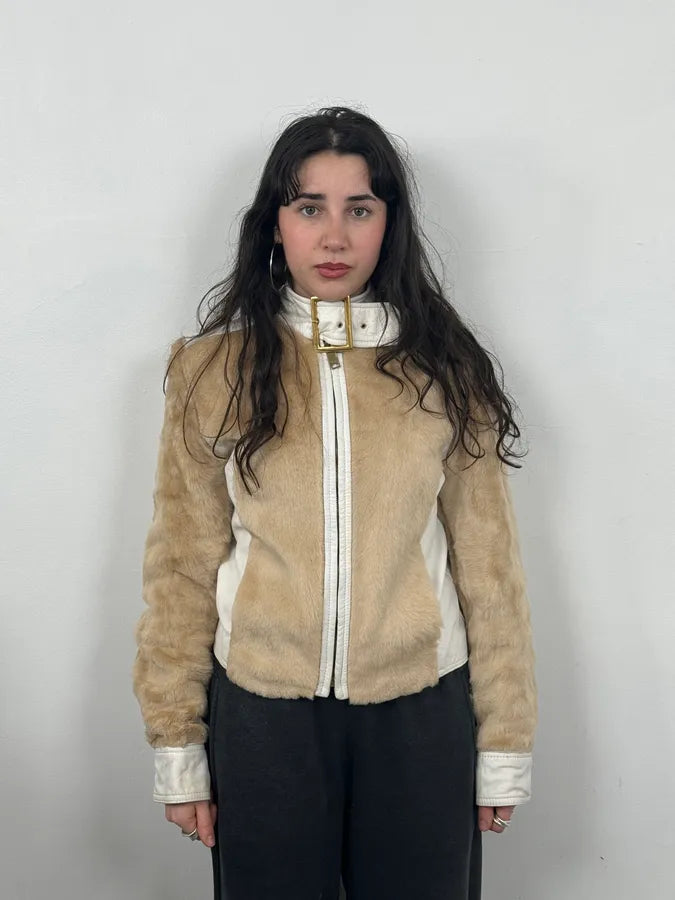 2000s Dolce & Gabbana White & Beige Fur Biker Leather Jacket JvNihRF 1
