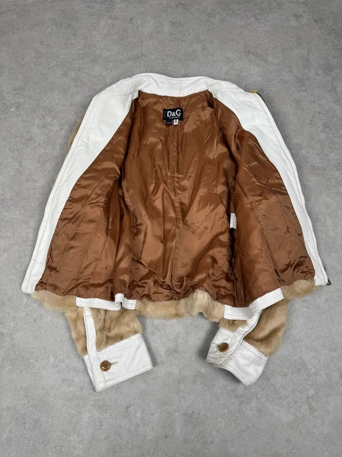 2000s Dolce & Gabbana White & Beige Fur Biker Leather Jacket JvNihRF 10
