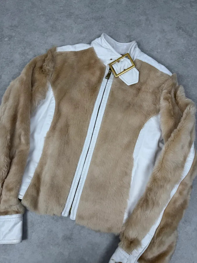 2000s Dolce & Gabbana White & Beige Fur Biker Leather Jacket JvNihRF 3