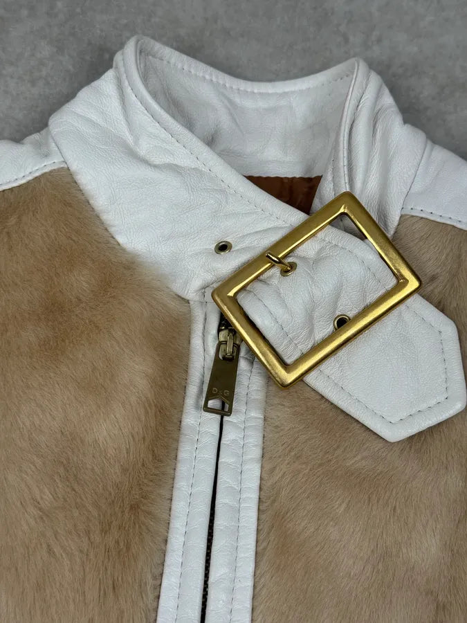 2000s Dolce & Gabbana White & Beige Fur Biker Leather Jacket JvNihRF 6