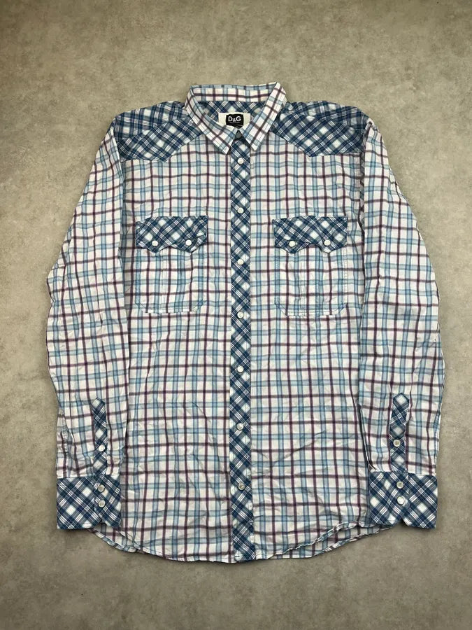 2000s Dolce & Gabbana White & Blue Regular Checkered Shirt  myjwndt 0
