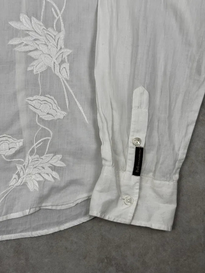 SS2004 Dolce & Gabbana White Embroidered Flowers Linen Shirt oLCMxQk 7