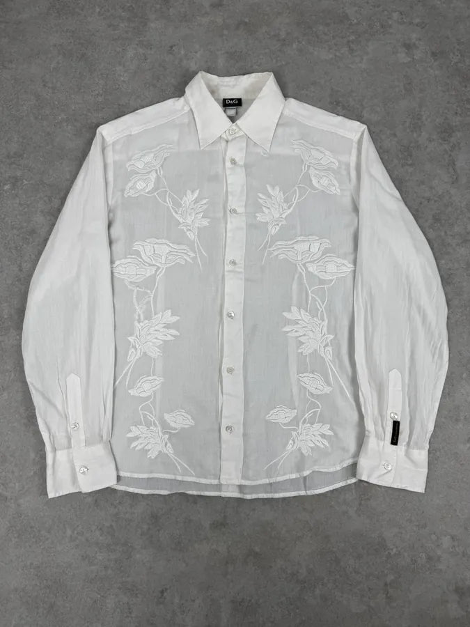 SS2004 Dolce & Gabbana White Embroidered Flowers Linen Shirt oLCMxQk 0