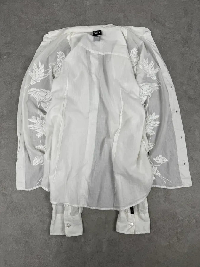 SS2004 Dolce & Gabbana White Embroidered Flowers Linen Shirt oLCMxQk 6