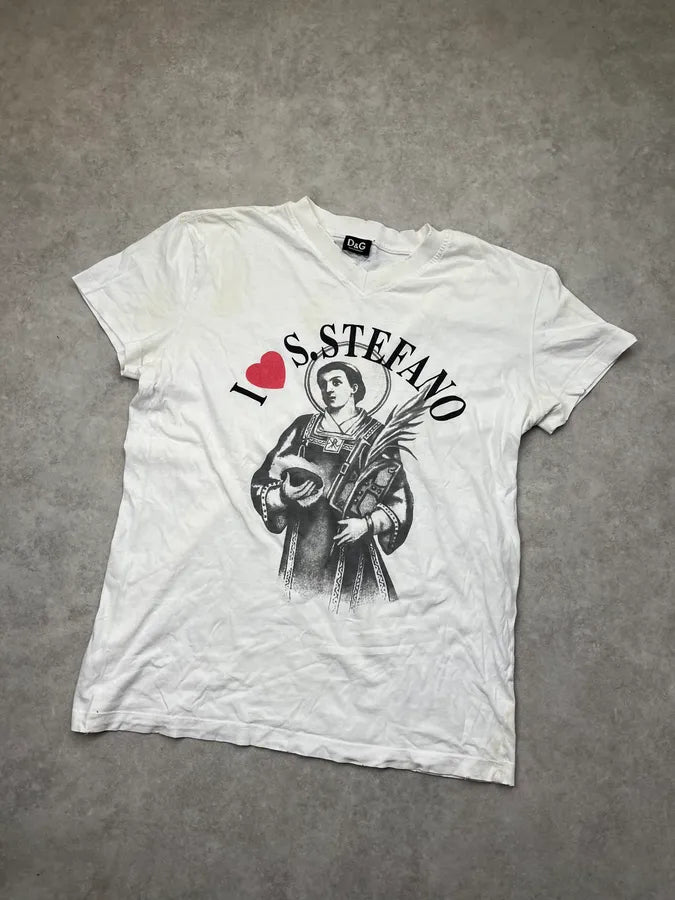 2000s Dolce & Gabbana White Holy Saint Distressed & Dirt Effect T Shirt LEKozgj 3
