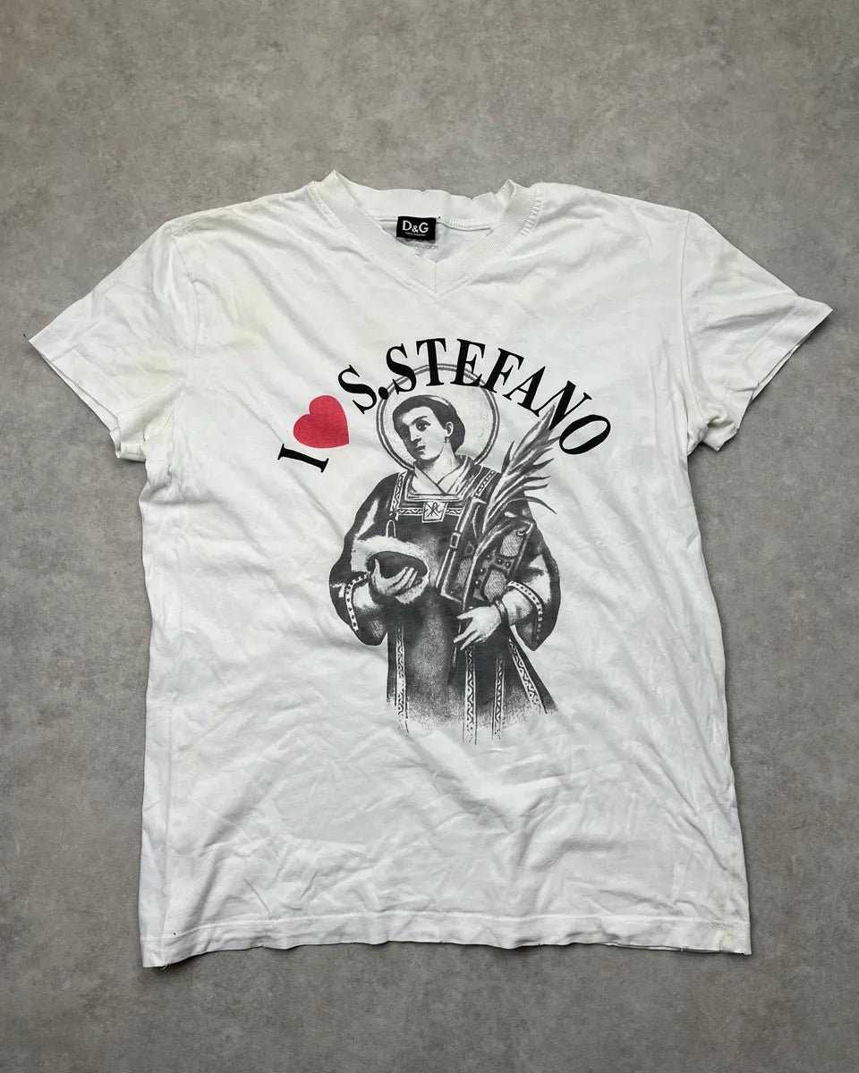 2000s Dolce & Gabbana White Holy Saint Distressed & Dirt Effect T Shirt LEKozgj 0