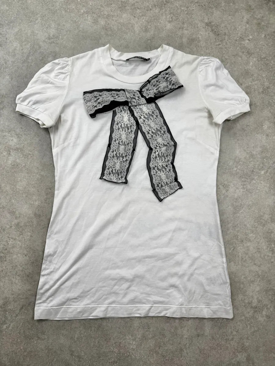 2000s Dolce & Gabbana White Lace Bow T-Shirt oRIFZbv 0