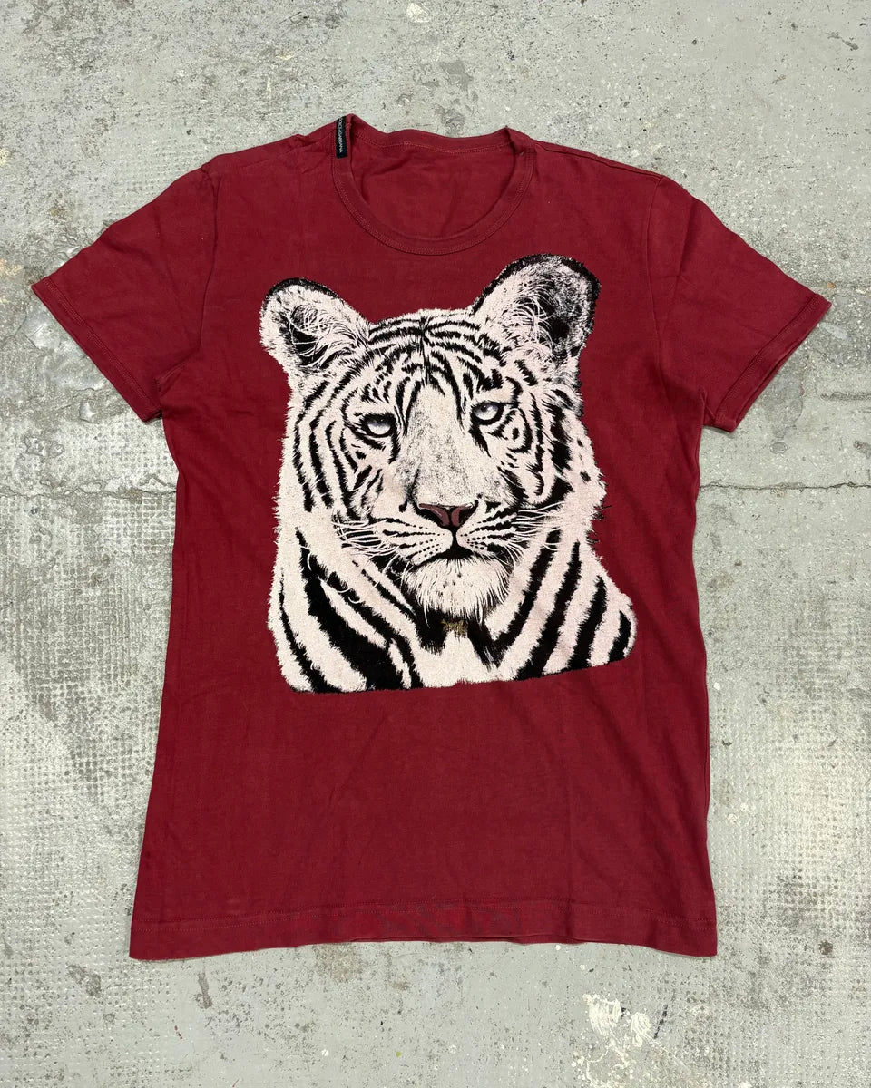 FW2004 Dolce & Gabbana White Tiger Red Burgundy T-Shirt jOBOKWS 0