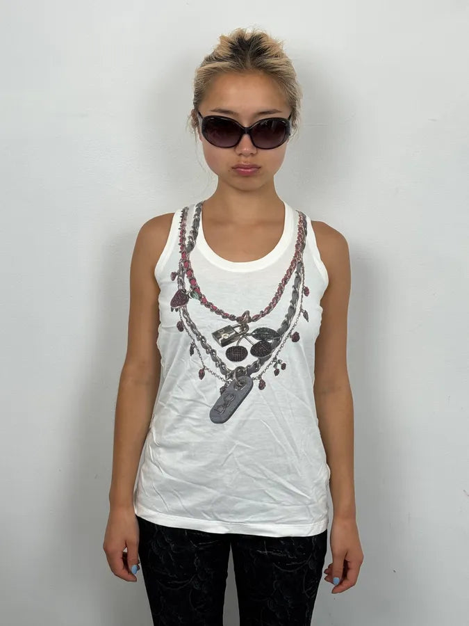 2000s Dolce & Gabbana White Trompe L’Œil Necklace Tank Top NtORIlp 1