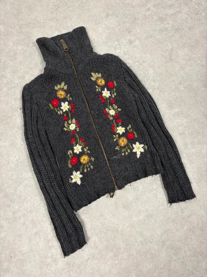 AW2002 Dolce & Gabbana Wool Embroidered Flowers Grey Sweater gZVGKUo 3