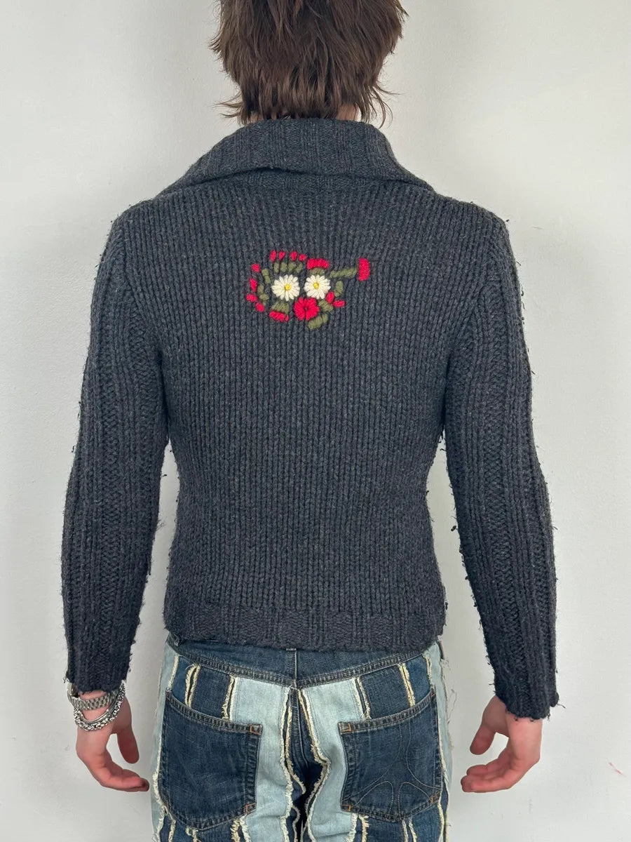 AW2002 Dolce & Gabbana Wool Embroidered Flowers Grey Sweater gZVGKUo 2